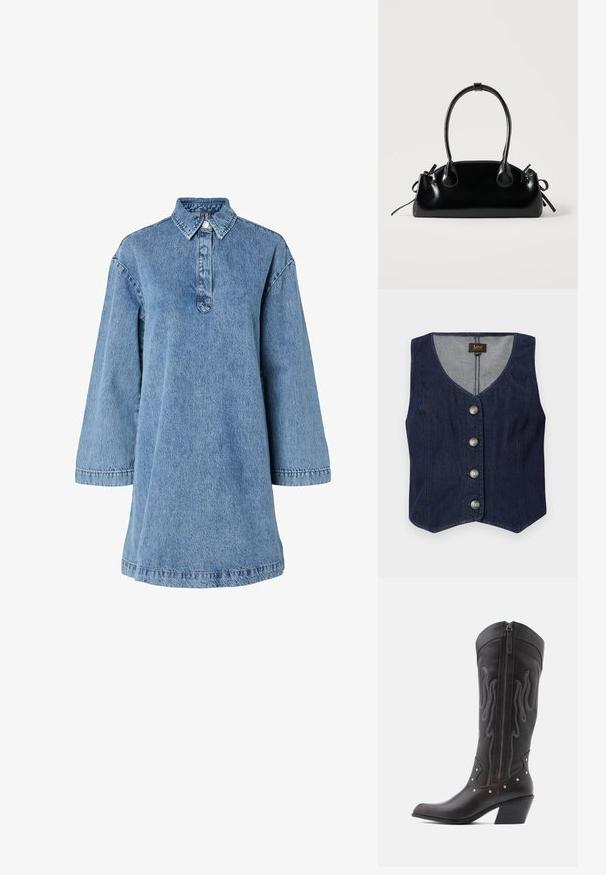 Chaleco de mezclilla oscura con escote en V, cinco botones metálicos y un diseño ajustado. Presenta un dobladillo recto y forro interior en una tela más clara.; Vestido de mezclilla azul claro con cuello puntiagudo, mangas largas y una tapeta de botones. Presenta un corte relajado y tejido texturizado.; Botas de cowboy de cuero marrón con costuras en forma de llama, cremallera lateral, tachuelas plateadas, punta puntiaguda y tacón apilado.; Pequeño bolso negro brillante con dos asas largas y detalles de cordón lateral sobre un fondo claro liso.