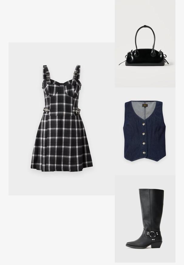Donkere denim vest met een V-hals, vijf metalen knopen en een getailleerd ontwerp. Heeft een rechte zoom en een binnenvoering van een lichter stof.; The Ragged Priest MONARCH DRESS - Jurk - black; Zwarte leren kniehoge laarzen met een spitse neus, voorzien van een decoratieve enkelband en zilveren hardwareaccenten. Lage, gestapelde hak.; Kleine zwarte glanzende handtas met twee lange hengsels en zijkant trekkoord details op een effen lichte achtergrond.
