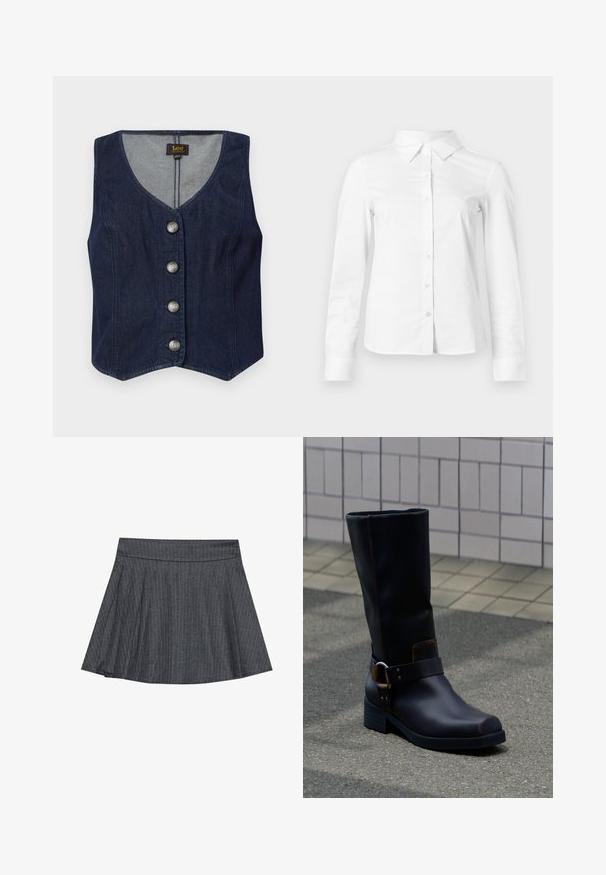 Donkere denim vest met een V-hals, vijf metalen knopen en een getailleerd ontwerp. Heeft een rechte zoom en een binnenvoering van een lichter stof.; Witte blouse met lange mouwen en knopen, met puntige kraag, rechte zoom en aansluitende silhouet, weergegeven op een effen lichte achtergrond.; Grijze pinstriped skaterrok met een aansluitende tailleband, uitlopende A-lijnvorm en zachte stoftextuur. Verticale lijnen vergroten de visuele belangstelling.; Zwarte leren laars tot halverwege de kuit met een lage hak en een decoratief riempje met metalen gesp, staand op een grijs bestraatte ondergrond nabij een betegelde muur.