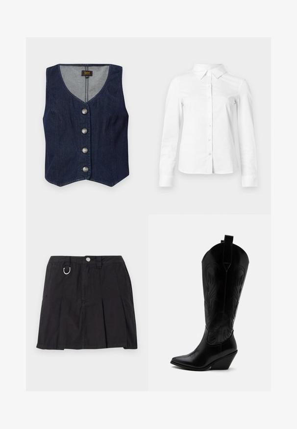 Mørk denimvest med V-udskæring, fem metalliske knapper og tætsiddende design. Har en lige kant og indvendig foring i et lysere materiale.; Hvid skjorte med lange ærmer, knapper, spids krave, lige kant og tætsiddende silhuet, vist på en ensartet lys baggrund.; Sort plisseret nederdel lavet af bomuld, med frontknaplukning, bæltestropper og en D-ring detalje i taljen.; Sort læder cowboystøvle med spidst tåparti, skråt blokhælhæl, dekorative sømme og trækstropper øverst mod hvid baggrund.
