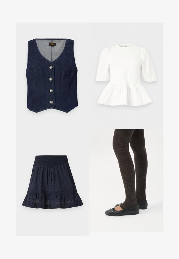 Chaleco de mezclilla oscura con escote en V, cinco botones metálicos y un diseño ajustado. Presenta un dobladillo recto y forro interior en una tela más clara.; Blusa blanca con mangas abullonadas hasta el codo, cintura fruncida y bordes festoneados en las mangas y el dobladillo, mostrada sobre un fondo liso.; Falda azul marino hasta la rodilla con cintura elástica fruncida, patrón de puntos sutil y dobladillo con volantes.; Piernas con leggings oscuros acanalados combinados con bailarinas negras que presentan pequeños detalles de lazo sobre un fondo blanco.