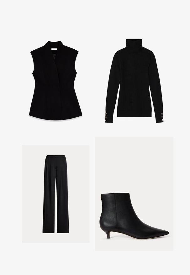 Chaleco negro sin mangas con un alto cuello, hecho de tela suave, que presenta una silueta ajustada y costuras laterales para dar forma.; Suéter negro de cuello alto con una textura acanalada. Presenta mangas largas ajustadas con tres botones plateados en cada puño.; Pantalones negros de pierna ancha con pliegues delanteros, cintura con botones y bolsillos laterales, exhibidos sobre un fondo liso.; Botín de cuero negro con puntera puntiaguda y tacón kitten bajo sobre un fondo liso gris claro.
