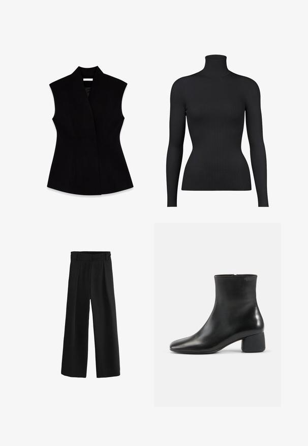 Gilet sans manches noir avec un col haut, fabriqué en tissu lisse, présentant une silhouette ajustée et des coutures latérales pour la mise en forme.; Pull à col roulé noir avec des côtes, à manches longues, présentant une silhouette ajustée et un tissu texturé.; Pantalons larges noirs avec un front plissé, une taille élastique et un tissu lisse. Présente une coupe décontractée qui tombe jusqu'à la cheville.; Bottine en cuir noir avec bout carré arrondi, fermeture éclair latérale et talon bas épais sur fond clair uni.