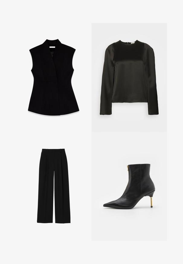 Sort ærmeløs vest med høj krave, lavet af glat stof, der har en tætsiddende silhuet og sidesømmer for formning.; Sort satin langærmet bluse med rund halsudskæring og lynlås i ryggen. Glat tekstur, tætsiddende design, minimale syninger og ren silhuet.; Sorte bukser med høj talje og vidde i benene med bæltestropper og forreste presninger, vist på hvid baggrund.; AllSaints NATASHA - Støvletter - black