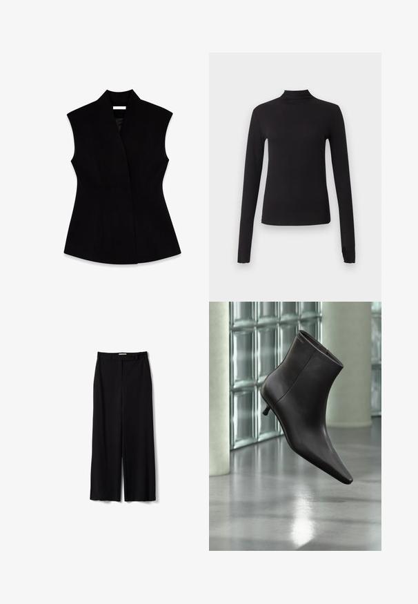Chaleco negro sin mangas con un alto cuello, hecho de tela suave, que presenta una silueta ajustada y costuras laterales para dar forma.; Camiseta negra ajustada de manga larga con cuello alto, mostrada sobre un fondo gris claro liso.; Pantalones negros de pierna ancha de cintura alta con trabillas para cinturón y cierre delantero oculto, mostrados sobre un fondo blanco.; Bota de cuero negro para el tobillo con puntera puntiaguda y tacón pequeño, exhibida frente a una pared de bloques de vidrio y un suelo pulido.