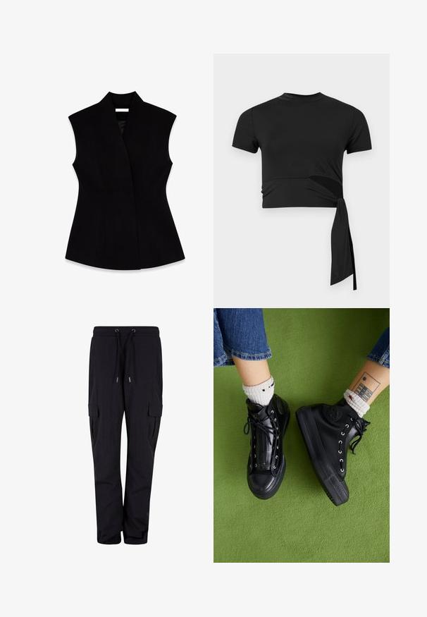 Zwarte mouwloze vest met een hoge kraag, gemaakt van gladde stof, met een nauwsluitende silhoët en zijnaad voor vormgeving.; Zwarte cropped t-shirt gemaakt van een gladde, elastische stof, met korte mouwen, een ronde halslijn en een zijstrikdetail.; Zwarte cargobroek van zachte stof, met een elastische tailleband met trekkoord en zijzakken. Rechtdoorgaand ontwerp.; Zwarte hoge sneakers van glanzend materiaal met metalen oogjes, platte veters en gestructureerde zolen. Draagt met witte patroon sokken.