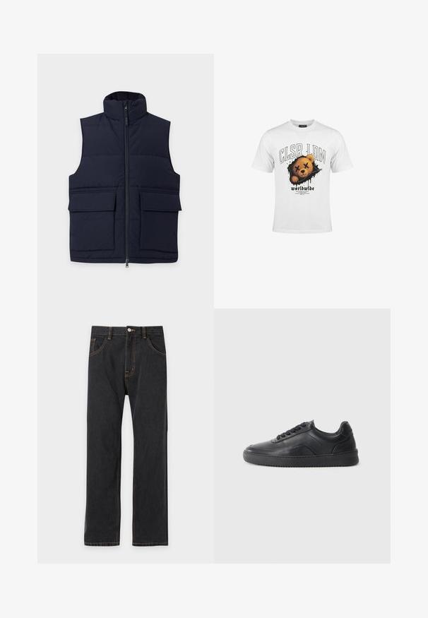Veste matelassée sans manches bleu marine avec col montant, fermeture éclair devant, et deux grandes poches à rabat sur un fond uni.; T-shirt blanc avec un dessin d'un visage d'ours en peluche aux yeux barrés et le texte "CLSR LDN" et "worldwide" en dessous.; Jean noir droit avec des coutures orange contrastantes, bouton avant et poches sur un fond clair uni.; Chaussure de sport en cuir noir avec une finition lisse, bout arrondi, panneau latéral texturé et lacets noirs. Présente une semelle en caoutchouc plate et un design minimaliste.