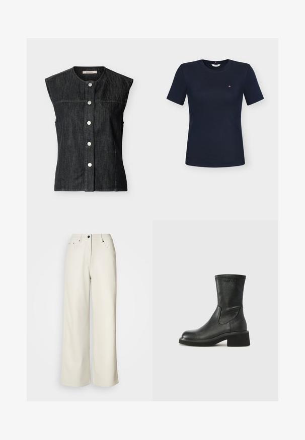 Veste sans manches en denim noir avec encolure ronde et cinq boutons-pression argentés sur le devant, étiquetée Barbour.; T-shirt ajusté bleu marine à manches courtes, col rond et petit logo Tommy Hilfiger sur la poitrine gauche.; Pantalons larges de couleur crème en tissu lisse. Dotés d'une taille mi-haute, d'une fermeture éclair et de deux poches avant avec des accents en matériel noir.; Tommy Jeans Boots à talons - black