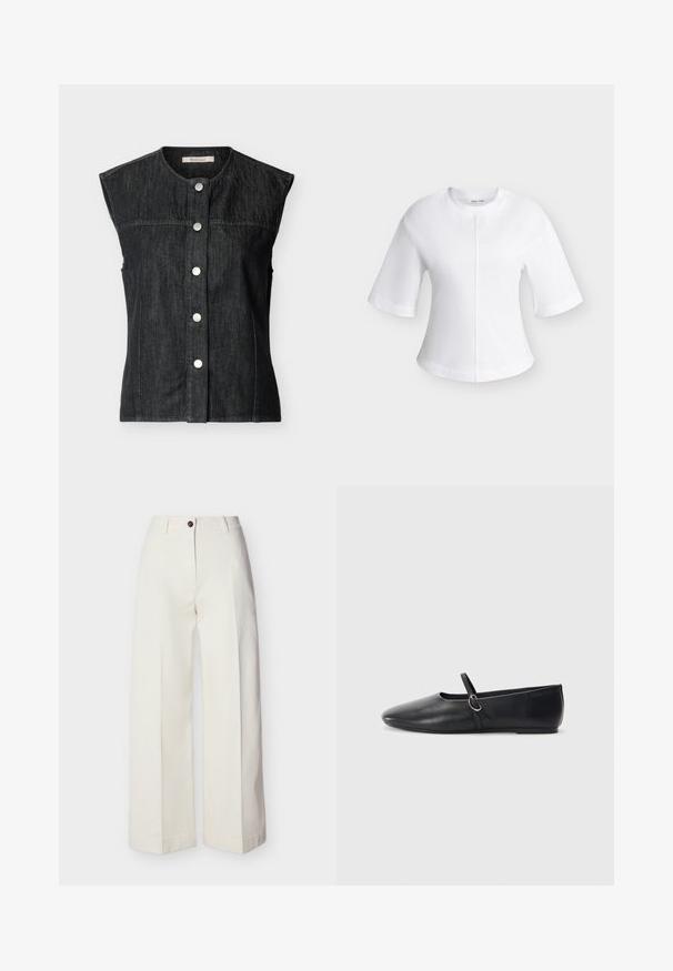 Veste sans manches en denim noir avec encolure ronde et cinq boutons-pression argentés sur le devant, étiquetée Barbour.; Blouse blanche à manches courtes avec un col rond et un détail de couture verticale centrale à l'avant.; Pantalon crème taille haute à jambes larges, avec passants de ceinture, fermeture à bouton unique et zip, présenté à plat sur un fond uni.; Ballerines noires en cuir avec un bout pointu, une semelle plate et une petite sangle avec un détail de boucle en argent.