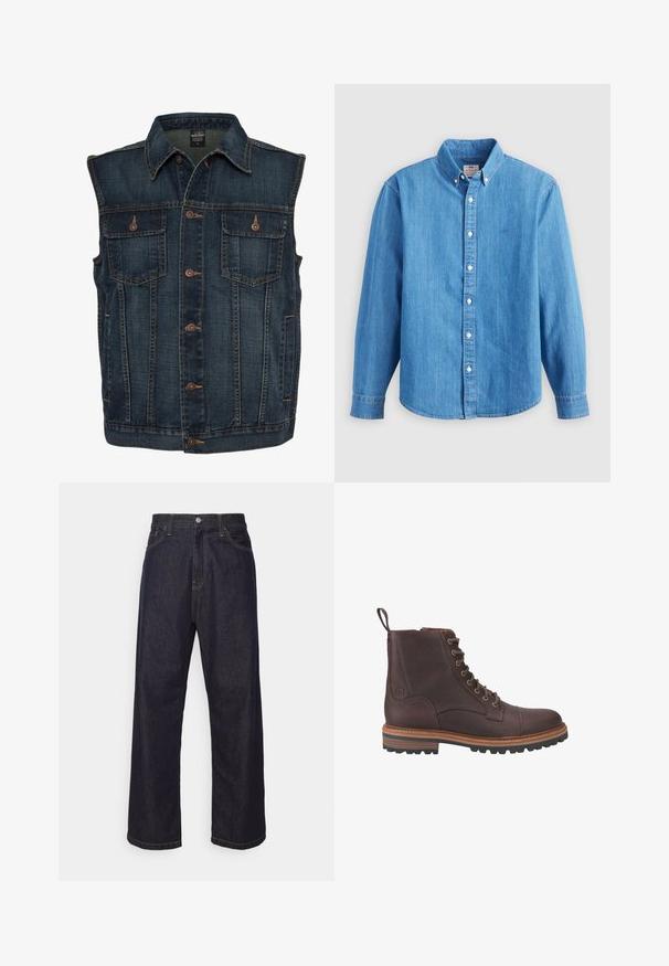 Tummansininen farkk Waistcoat, jossa on napillinen etuosa, kaksi rintataskua ja klassinen kaulus. Teksturoitu kangas näkyvine saumoineen.; Vaaleansininen farkkupaita pitkillä hihoilla, napillinen kaulus ja valkoiset napit. Rinnassa on pieni brodeerattu logo.; Tummansiniset suorat farkut, joissa on keltainen ommel, etupainike, vetoketjuluukku ja viisi taskua.; Ruskeat nahkaiset nauhalliset nilkkurit, joissa on teksturoidu pintaviimeistely, kontrastiväriset beiget pohjat ja metalliset kengännauhan reiät. Varustettu vetoluupilla helppoon pukeutumiseen.