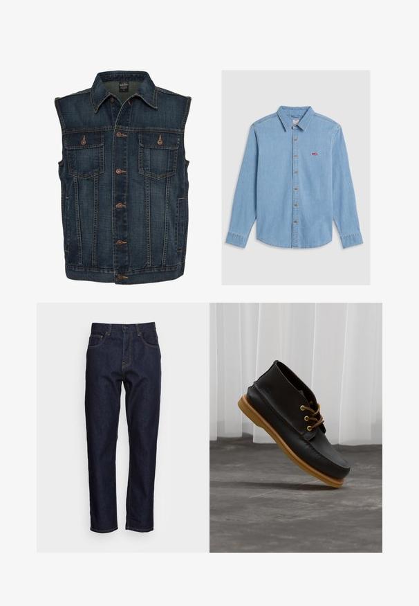 Chaleco de denim de color azul oscuro, con cierre de botones en la parte delantera, dos bolsillos en el pecho y un cuello clásico. Tejido texturizado con costuras visibles.; Camisa de mezclilla azul claro con mangas largas, cierre de botones en el frente y cuello puntiagudo. Presenta botones marrones y un pequeño parche de logo rojo.; Vaqueros de mezclilla azul oscuro con corte recto, cinco bolsillos y costuras amarillas en contraste. Diseñados con un cierre clásico de botón y cremallera.; Zapatos de cuero negro con un acabado suave, punta redonda, cordones marrones y suelas de goma marrón claro. Logo embossado en el costado.