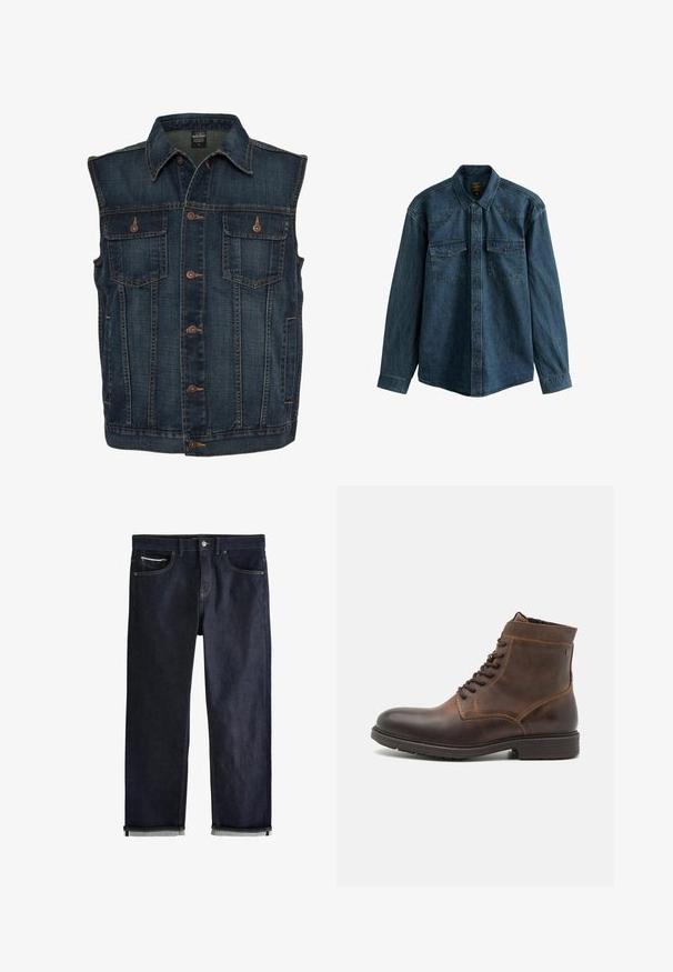 Chaleco de denim de color azul oscuro, con cierre de botones en la parte delantera, dos bolsillos en el pecho y un cuello clásico. Tejido texturizado con costuras visibles.; Camisa de mezclilla en azul oscuro, con mangas largas, cuello puntiagudo y dos bolsillos frontales con cierres de botón a presión. Tejido texturizado.; Vaqueros de mezclilla azul oscuro con un ajuste recto clásico, que cuentan con cinco bolsillos, cierre de botones y puños doblados que muestran un forro azul claro.; Jack & Jones JFWDELANEY BOOT - Botines con cordones - cognac