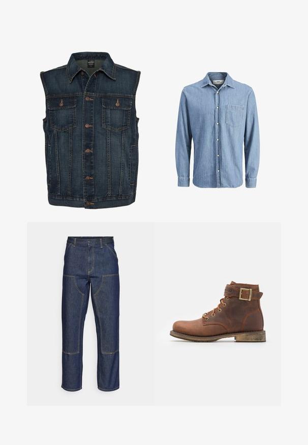 Chaleco de denim de color azul oscuro, con cierre de botones en la parte delantera, dos bolsillos en el pecho y un cuello clásico. Tejido texturizado con costuras visibles.; Camisa de mezclilla de color azul claro con cuello button-down, mangas largas, un bolsillo en el pecho y logo bordado en el bolsillo.; Jeans de mezclilla azul oscuro con cintura alta, diseño de pierna recta, costuras contrastantes y bolsillos de parche en la parte delantera.; Harley Davidson VNTGMOTO SHORT RIDING APPROVED - Botines camperos - brown
