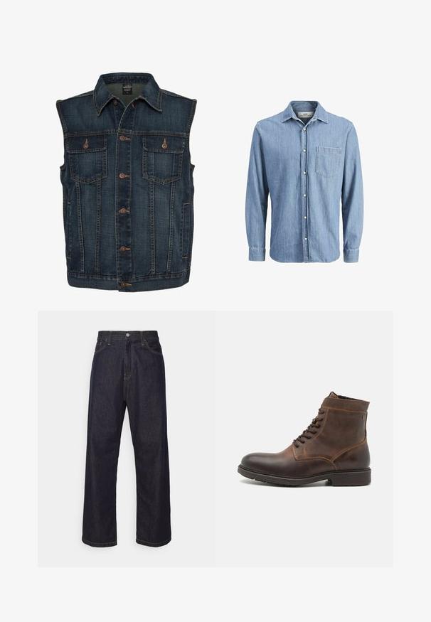 Veste en denim de couleur bleu foncé, dotée d'une fermeture à boutons sur le devant, de deux poches poitrine et d'un col classique. Tissu texturé avec des coutures visibles.; Chemise en denim bleu clair avec un col boutonné, des manches longues, une poche poitrine unique et un logo brodé sur la poche.; Jean en denim droit bleu foncé avec des coutures jaunes, bouton frontal, fermeture éclair, et cinq poches.; Jack & Jones JFWDELANEY BOOT - Bottines à lacets - cognac