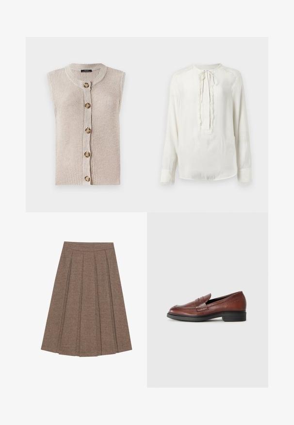 Ærmeløs beige strik cardigan med rund halsudskæring, knaplukning foran og tekstureret stof med store, runde knapper.; Hvid langærmet bluse med rund halsudskæring og snorelukning. Har en tekstureret kant langs fronten og manchetterne. Glat stoffinish.; Plisseret nederdel i brunt stof med fiskebensmønster, med en tætsiddende talje og en udvidet silhuet, der giver en struktureret tekstur og design.; Brune læder loafers med en syet forkant, rund tå og en lav sort gummisål. Branding præget på siden.