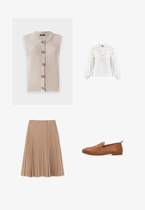 Ærmeløs beige strik cardigan med rund halsudskæring, knaplukning foran og tekstureret stof med store, runde knapper.; Hvid bomuldsbluse med lange ærmer, flagrende halsudskæring og elastiske manchetter. Har rynkede detaljer og snor ved kraven.; Plisseret nederdel lavet af blødt beige stof; har en elastisk talje og et svævende design med smalle, jævne folder overalt.; Brun læder slip-on loafer med lav hæl og dekorativ remdetalje på overdelen, set fra siden mod en hvid baggrund.