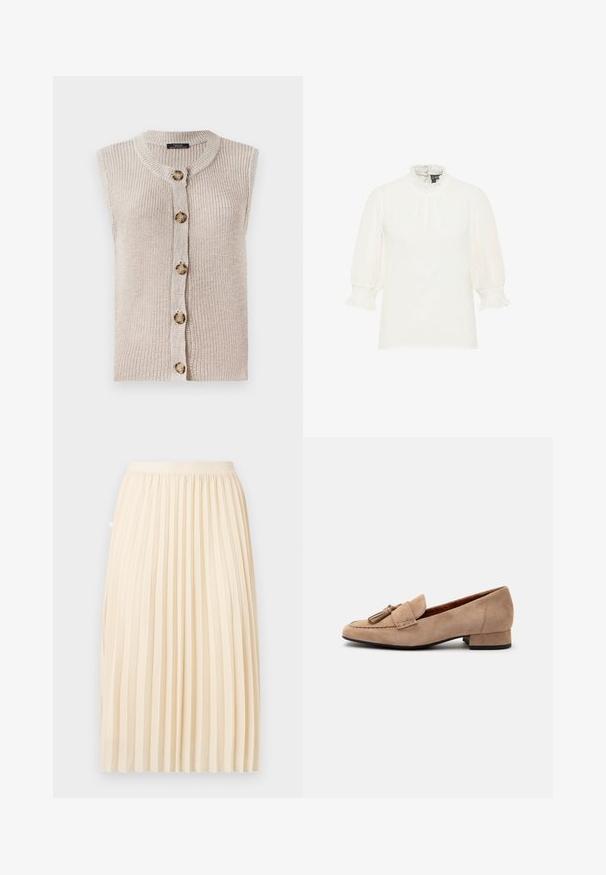 Ærmeløs beige strik cardigan med rund halsudskæring, knaplukning foran og tekstureret stof med store, runde knapper.; Hvid bluse med trekvart puffede ærmer, flæse manchetter og høj flæset krave, ensfarvet front med subtil priktekstur.; Kremfarvet plisseret midi-nederdel med en tætsiddende talje, hængende lige ned foran en ensfarvet baggrund.; Beige ruskind loafer med lav hæl og kvastdekoration foran samt rundet tå, vist fra siden på en hvid baggrund.