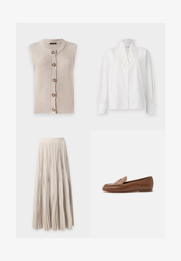 Ærmeløs beige strik cardigan med rund halsudskæring, knaplukning foran og tekstureret stof med store, runde knapper.; Hvid bomuldsbluse med en flæsekrave, lange puffede ærmer og en knaplukning fortil med perleagtige knapper.; Lang beige plisseret nederdel med elastisk talje, flydende stof og fuld længde.; Klassisk brun læderloafer med lav hæl og syninger på mokkatoen, vist i sideprofil på en hvid baggrund.
