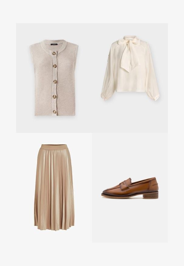 Ærmeløs beige strik cardigan med rund halsudskæring, knaplukning foran og tekstureret stof med store, runde knapper.; Langærmet cremefarvet bluse med stor sløjfe om halsen og manchetter med knapper, vist mod en ensfarvet lys baggrund.; Plisseret midi-nederdel i lys beige satinmateriale. Har et bredt, elastisk taljebånd og elegante lodrette folder over hele længden.; Brune læder loafers med en struktureret vævet frontpanel, rund tå og lav stablet hæl. Glat finish med diskret stikningsdetalje.
