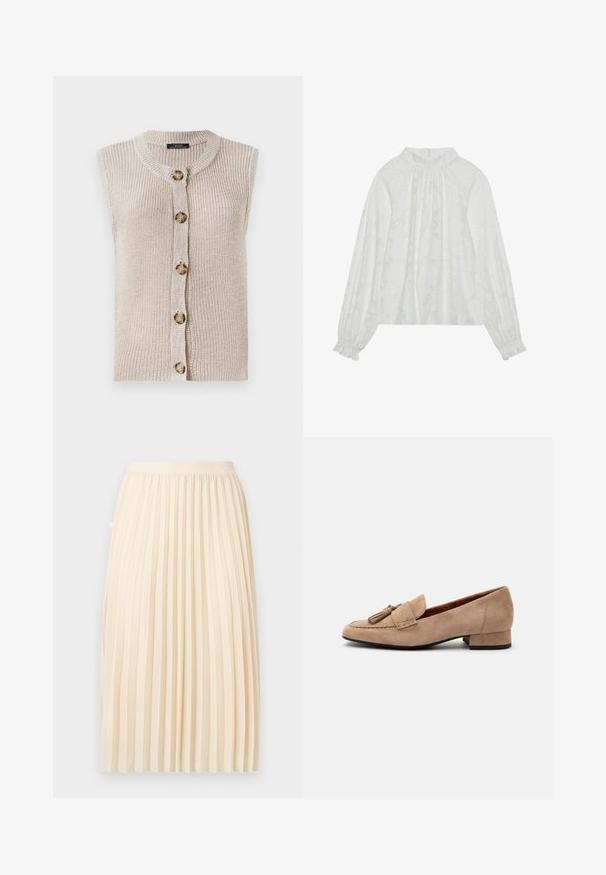 Ærmeløs beige strik cardigan med rund halsudskæring, knaplukning foran og tekstureret stof med store, runde knapper.; Hvid langærmet bluse med et tekstureret blomstermønster, elastisk halsudskæring og elastiske manchetter. Blød, letvægts stof.; Kremfarvet plisseret midi-nederdel med en tætsiddende talje, hængende lige ned foran en ensfarvet baggrund.; Beige ruskind loafer med lav hæl og kvastdekoration foran samt rundet tå, vist fra siden på en hvid baggrund.