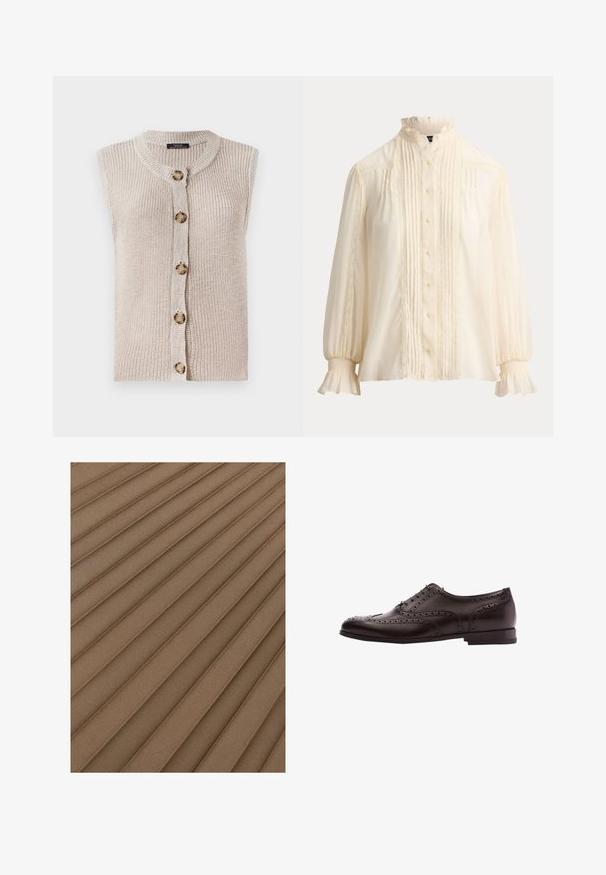 Ærmeløs beige strik cardigan med rund halsudskæring, knaplukning foran og tekstureret stof med store, runde knapper.; Langærmet bluse i cremefarve med flæsekant ved krave og manchetter, knaplukning foran, lodrette folder og blondekantdetaljer.; Plisseret stof i en dæmpet brun nuance med lodrette riller og en blød tekstur, hvilket skaber et diskret, lagdelt udseende.; Brune læder dress sko med brogue-detaljer, snørebånds lukning, rund tå og en lav stablet hæl. Poleret finish og indviklede perforeringer.
