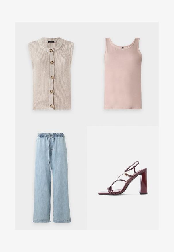 Ærmeløs beige strik cardigan med rund halsudskæring, knaplukning foran og tekstureret stof med store, runde knapper.; Lyserød ærmeløs tanktop med rund halsudskæring, vist fladt på en hvid baggrund.; Lyseblå viddeben denimbukser med elastisk talje og snøre, forlommer og en afslappet pasform.; Bourgognefarvet sandal med høje hæle med firkantet tå, slanke remme og en blank finish. Har en solid blokhæl og guldfarvet hardware-detalje.