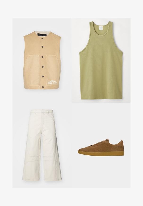 Kaki ærmeløs vest med rund halsudskæring, foran knaplukning, to store lommer og hvidt logodetalje på kanten. Blødt tekstureret stof.; Lys grøn ribbet tank top med rund halsudskæring og brede ærmehuller. Stoffet ser blødt ud med en subtil tekstur og almindelig kant.; A-COLD-WALL* FORMAT PANT - Bukser - beige bone; Brun ruskind lav-top sneaker med matchende snørebånd og gummisål, vist i venstre sideprofil på ensartet lysegrå baggrund.