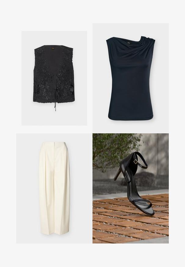 Gilet noir sans manches avec superposition de dentelle florale, profond décolleté en V et fermetures à nouer à l'avant sur fond uni.; Top noir sans manches pour femme avec un col asymétrique et des détails subtils drapés sur un côté, étiqueté BOSS.; Pantalon crème à taille haute et jambes larges avec plis devant, fermeture éclair avant dissimulée et passants pour ceinture.; Sandale noire à talon haut avec sangle à la cheville, suspendue au-dessus d'un sol en carreaux de bois à l'extérieur, avec un arrière-plan flou de verdure et de pierre.
