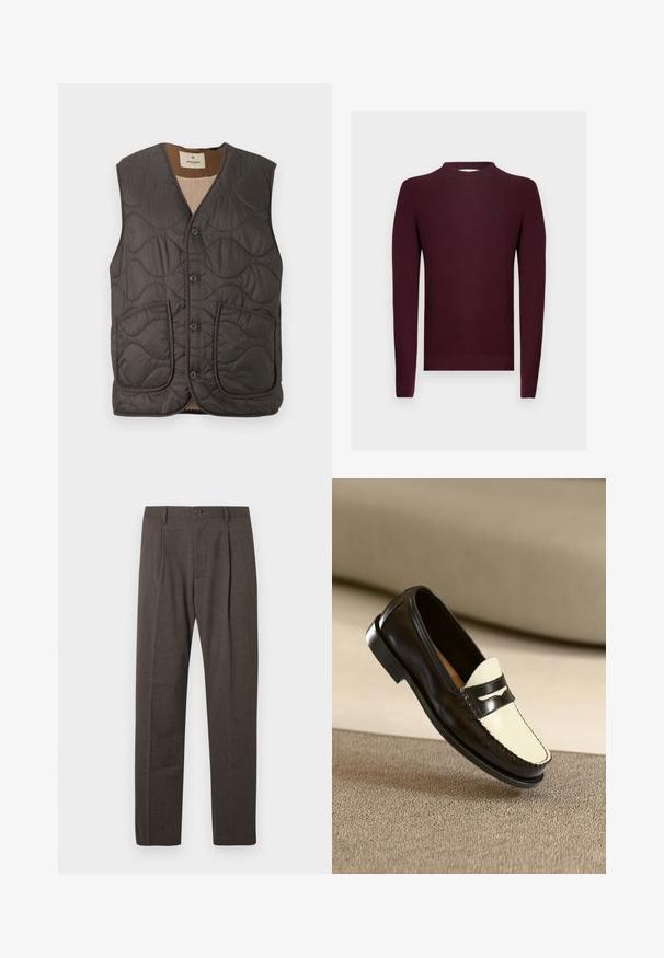 Gevulde mouwloze vest in donkergrijs, met twee voorzakken, vijf knopen en een zachte beige voering. Textuur is glad met een golvend patroon.; Bordeauxkleurige gebreide trui met lange mouwen, geribbelde textuur en een ronde hals. Klein logoaccent op de linkerborst.; Bruine op maat gemaakte broeken met voorplooien, riemlussen en een enkele knoopsluiting bij de taille tegen een witte achtergrond.; Zwarte leren instapper met een crèmekleurige bovenkant en zwarte accentstrepen, kenmerkend door een lage hak en gedetailleerde stiksels langs de randen.
