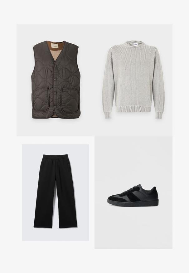 Chaleco acolchado sin mangas en gris oscuro, con dos bolsillos frontales, cinco botones y un suave revestimiento beige. La textura es lisa con un patrón ondulado.; Suéter de cuello redondo de punto canalé gris claro con mangas largas y etiqueta de GAP en el cuello, mostrado sobre un fondo blanco.; Pantalones negros de pierna ancha con cintura elástica, dos bolsillos laterales y una textura suave. Diseñados para brindar comodidad y facilidad de movimiento.; Zapatillas negras que combinan cuero liso y ante, con una suela de goma negra texturizada y un sutil detalle de rayas.