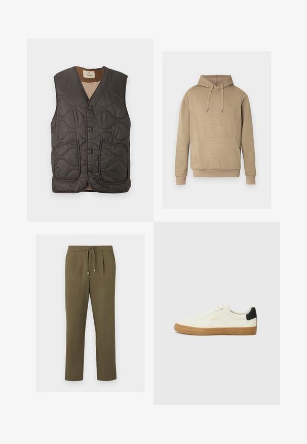 Chaleco acolchado sin mangas en gris oscuro, con dos bolsillos frontales, cinco botones y un suave revestimiento beige. La textura es lisa con un patrón ondulado.; Sudadera beige con capucha, textura acolchada en forma de rombos, bolsillo tipo canguro en la parte frontal, capucha con cordón ajustable y puños y dobladillo acanalados.; Pantalones de pierna recta color verde oliva con cintura ajustable con cordón, bolsillos laterales y pliegues delanteros, mostrados sobre un fondo blanco.; Zapatilla de lona blanca con suela de goma, acento negro en el talón, punta redonda y diseño con cordones. Presenta el logo de la marca en dorado en el lateral.