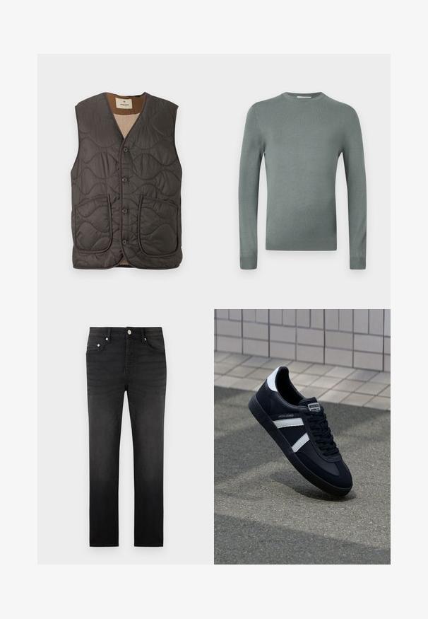 Gevulde mouwloze vest in donkergrijs, met twee voorzakken, vijf knopen en een zachte beige voering. Textuur is glad met een golvend patroon.; Lichtgroene lange mouwen trui gemaakt van zachte brei stof. Heeft een ronde halslijn en aansluitende mouwen met ribgebreide manchetten. Eenvoudig ontwerp.; Zwarte slim-fit jeans met vijf zakken, knoop- en ritssluiting, en riemlussen, afgebeeld tegen een effen witte achtergrond.; Zwarte leren sneaker met witte strepen, een gestructureerde rubberen zool en vetersluiting aan de voorkant. Voorzien van een merklabel op de tong.