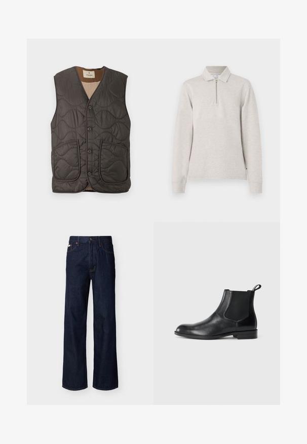 Gevulde mouwloze vest in donkergrijs, met twee voorzakken, vijf knopen en een zachte beige voering. Textuur is glad met een golvend patroon.; Lichtgrijze poloshirt met lange mouwen, een half-rits hals, kraagontwerp en manchetten, gemaakt van een zachte textuurstof.; Donkerblauwe rechte spijkerbroek met een ontwerp van vijf zakken en knoopsluiting, getoond op een effen lichte achtergrond.; Zwarte leren enkelboot met elastische zijpanelen, ronde neus en een trekhaak. Gladde textuur, platte zool, minimalistisch ontwerp.