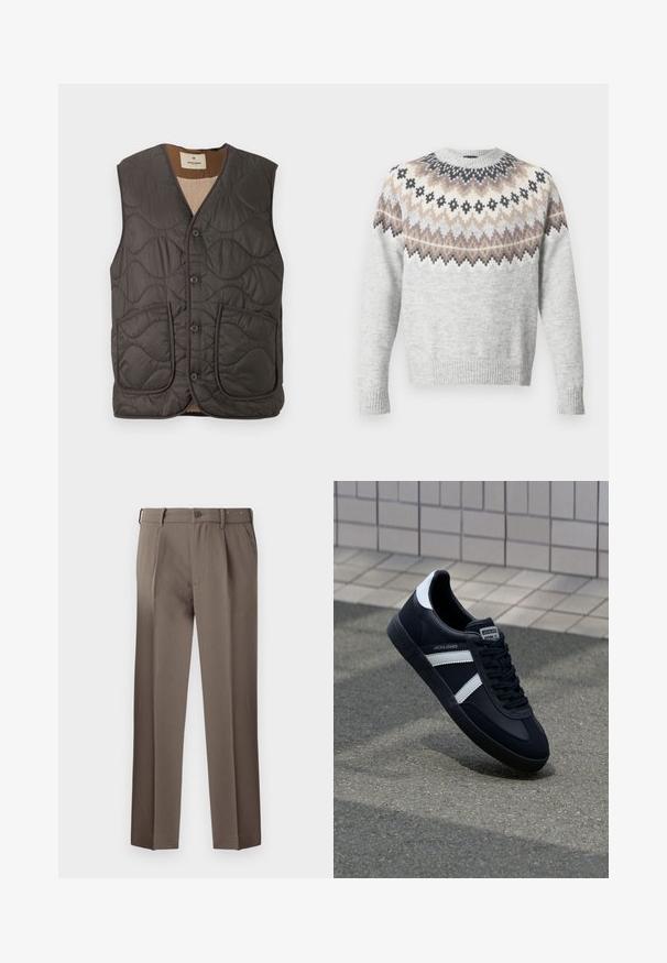 Chaleco acolchado sin mangas en gris oscuro, con dos bolsillos frontales, cinco botones y un suave revestimiento beige. La textura es lisa con un patrón ondulado.; Jersey de color gris claro con mangas largas, que presenta un canesú con patrón en tonos crema, marrón y negro. Puños y dobladillo acanalados que añaden textura.; Pantalones marrones ajustados con pliegues, que cuentan con un cierre de botón, pasadores para cinturón y una textura suave y tejida. Diseño clásico de pierna recta.; Zapatilla de cuero negra con rayas blancas, suela de goma texturizada y parte frontal con cordones. Cuenta con una etiqueta de marca en la lengüeta.