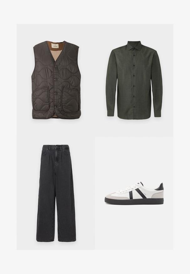 Chaleco acolchado sin mangas en gris oscuro, con dos bolsillos frontales, cinco botones y un suave revestimiento beige. La textura es lisa con un patrón ondulado.; Camisa de manga larga color verde oliva, con cuello clásico y siete botones negros en la parte delantera.; Pantalones de denim negros de tiro alto y pierna ancha, con cierre de botón y cremallera en el frente, que cuentan con bolsillos laterales y una textura suave.; Zapatilla blanca con acentos en negro y gris, que presenta una puntera texturizada en gris, suela de goma negra y cordones planos blancos. Diseño limpio, estilo minimalista.