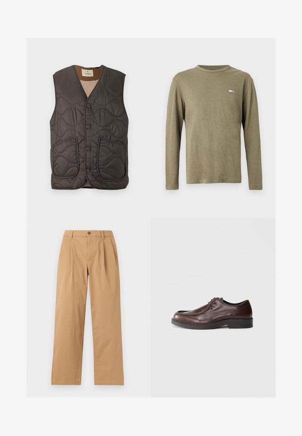 Gevulde mouwloze vest in donkergrijs, met twee voorzakken, vijf knopen en een zachte beige voering. Textuur is glad met een golvend patroon.; T-shirt met lange mouwen in olijfgroen, gemaakt van zacht materiaal. Voorzien van een klein logoplaatje op de borst. Ronde halslijn en een losse pasvorm.; Lichtbruine broek met rechte pijpen, voorplooien, riemlussen en een knoopsluiting in de tailleband, afgebeeld tegen een effen achtergrond.; Bruine leren nette schoen met een ronde neus, minimale stiksels en een stevige zwarte zool. Voorzien van vetersluiting en een gladde textuur.