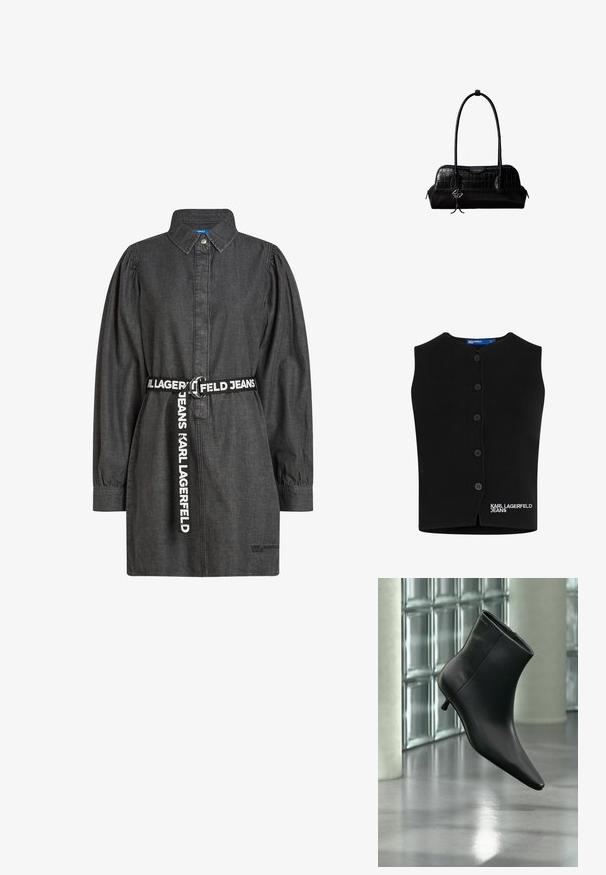 Čierny pletený sveter s oblečeným výstrihom, šiestimi gombíkmi a vyšitým nápisom "KARL LAGERFELD JEANS" v bielej farbe na dolnom ľavom rohu.; Tmavomodrá džínsová šatová sukňa s golierom, zapínaním na gombíky a dlhými nafúknutými rukávmi. Obsahuje značkový opasok so strieborným krúžkom.; Čierna kožená členková čižma so špicatou špičkou a nízkym kitten podpätkom, zobrazená šikmo na pozadí leštenej podlahy a steny zo sklenených blokov.; Čierna kožená kabelka na rameno s krokodílou štruktúrou, dlhými remienkami a malým strieborným príveskom s logom na jednom remienku.