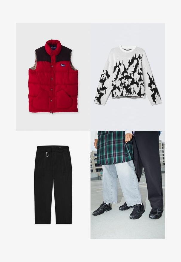 Rote gepolsterte Weste mit hohem Kragen, dunkelbraunen Schulterelementen, Druckknöpfen und zwei Fronttaschen, mit einem Nylon-Außenmaterial und weicher Innenseite.; Weißer, gestrickter Pullover mit einem schwarzen abstrakten Muster auf Vorderseite und Ärmeln. Das Design ist locker geschnitten und hat einen Rundhalsausschnitt.; Schwarze Hose mit geradem Bein-Design, ausgestattet mit einem silbernen Karabinerclip und zwei Seitentaschen. Hergestellt aus glattem Stoff.; Schwarze Sportschuhe mit Mesh- und Gummielementen. Kombiniert mit hellgrauen weiten Jeans und einem karierten grünen Oberteil. Flacher Hintergrund.