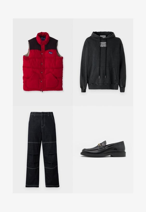 Rød polstret vest med høj krave, mørkebrune skulderpaneler, trykknapper og to forlommer, med en nylonoverflade og blødt foer.; Iceberg Hættetrøje - nero; Mørke denim vide bukser med høj talje, der har kontrasterende syninger og lagdelte lommer hen over lårerne.; Sorte læder loafers med en rund tå, der har guld hardware accent og syningsdetaljer, placeret på en lav, tekstureret gummisål.