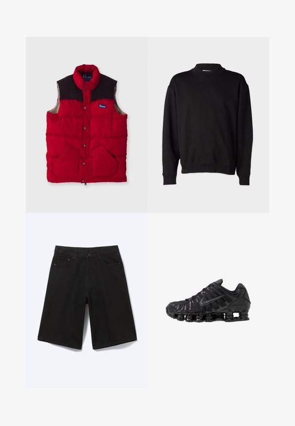 Rote gepolsterte Weste mit hohem Kragen, dunkelbraunen Schulterelementen, Druckknöpfen und zwei Fronttaschen, mit einem Nylon-Außenmaterial und weicher Innenseite.; Schwarzer Sweatshirt mit hohem, geripptem Kragen, langen Ärmeln und lockerer Passform. Weiche Textur mit gerippten Bündchen und Saum.; Schwarze knielange Jeansshorts mit Frontknopf, Gürtelschlaufen und fünf Taschen, dargestellt vor weißem Hintergrund.; Schwarze Sportschuhe aus Mesh- und synthetischen Materialien mit einem markanten wellenförmigen Design, schwarzer Gummisohle und reflektierenden Akzenten.