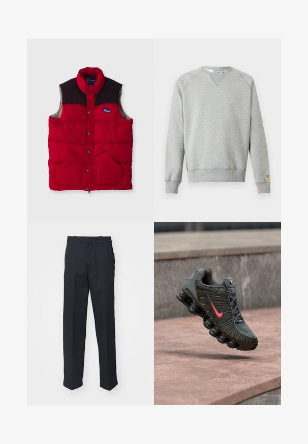 Rød polstret vest med høj krave, mørkebrune skulderpaneler, trykknapper og to forlommer, med en nylonoverflade og blødt foer.; Lysegrå crewneck sweatshir t med lange ærmer, ribbede manchetter og kant, samt lille logo patch på venstre ærmekant.; Sorte skræddersyede bukser med lige ben, fremstillet af glat stof, med et taljebånd med løkker og uden synlige mønstre eller hardware.; Mørkegrå Nike løbesko med rød swoosh og segmenteret polstret sål, der svæver over stenetrin.
