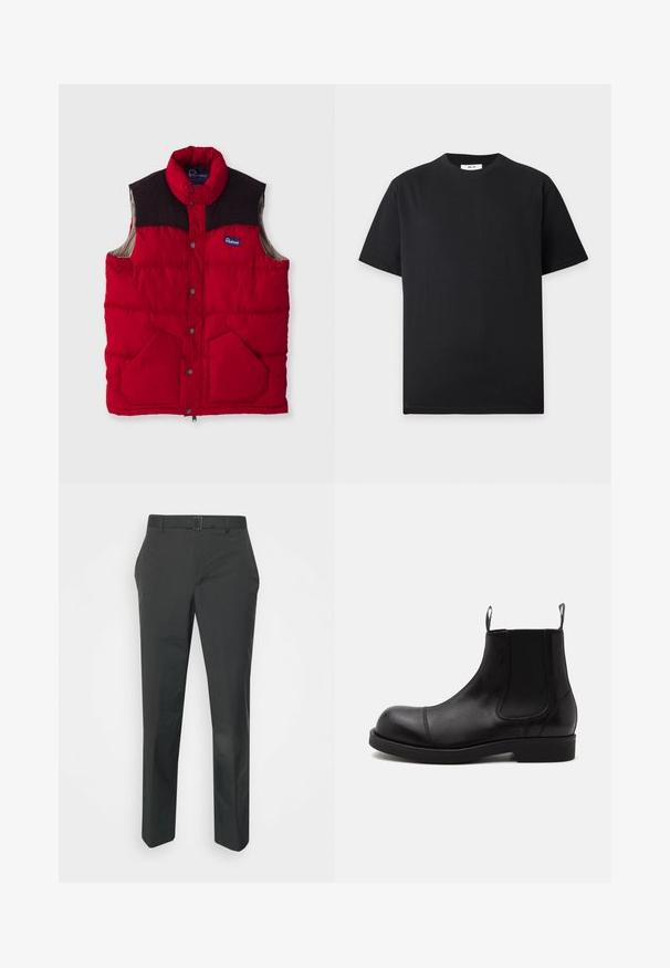 Rød polstret vest med høj krave, mørkebrune skulderpaneler, trykknapper og to forlommer, med en nylonoverflade og blødt foer.; Simpel sort t-shirt med korte ærmer og rund halsudskæring med en lille hvid label inde i kraven på en lys grå baggrund.; Neil Barrett PLEAT TROUSERS - Bukser - black; Sort læder Chelsea-støvle med rund tå, elastiske sidepaneler, stropper foran og bagpå, flad sål, vist fra siden på hvid baggrund.