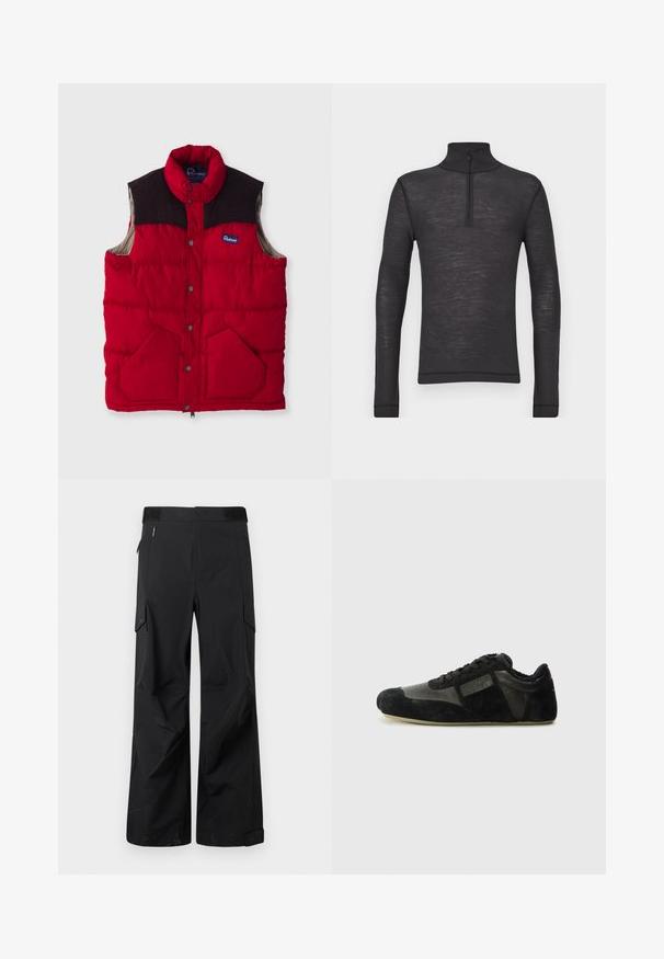 Rote gepolsterte Weste mit hohem Kragen, dunkelbraunen Schulterelementen, Druckknöpfen und zwei Fronttaschen, mit einem Nylon-Außenmaterial und weicher Innenseite.; Schwarzes Langarm-Turtleneck-Shirt aus einem strukturierten Stoff, mit einem Halbreißverschluss am Kragen und eng anliegenden Ärmeln.; Schwarze Cargo-Hosen aus einem glatten, wasserabweisenden Stoff. Merkmale sind weit geschnittene Beine, mehrere Seitentaschen und ein flacher Bund mit dezentem Branding.; Schwarze Sneaker aus Wildleder und Leder. Sie verfügen über ein niedriges Profil, eine abgerundete Spitze, ein Schnürdesign und strukturierte Akzente. Die Sohlen haben ein rutschfestes Muster.