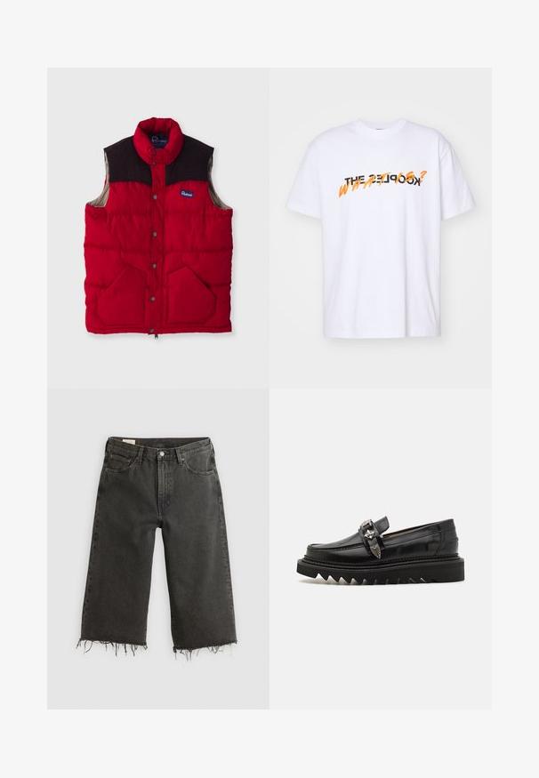 Rote gepolsterte Weste mit hohem Kragen, dunkelbraunen Schulterelementen, Druckknöpfen und zwei Fronttaschen, mit einem Nylon-Außenmaterial und weicher Innenseite.; Weißes Baumwoll-T-Shirt mit kurzen Ärmeln, das den Text "THE KOOKS? WAS IST?" in fetter schwarzer und oranger Schrift zeigt. Einfaches Design.; Schwarze weit geschnittene Jeans mit rohem Saum aus Denim, ausgestattet mit einem Fünf-Taschen-Design und einer Metallknopfverschluss. Die Textur ist leicht rustikal.; Schwarze Leder Slipper mit silbernen Hardware-Akzenten, einer erhöhten Zickzack-Sohle und einem schlanken, runden Design; glatte Textur und glänzende Oberfläche.