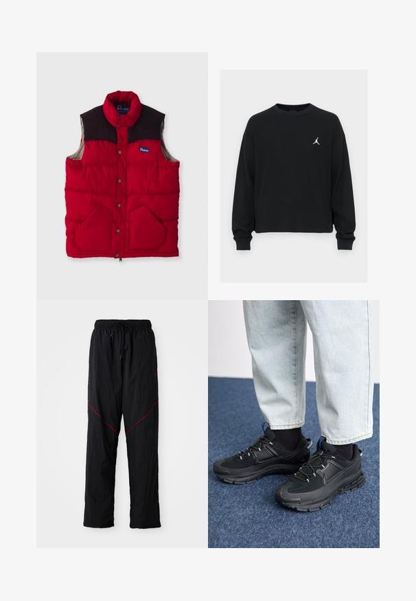 Rote gepolsterte Weste mit hohem Kragen, dunkelbraunen Schulterelementen, Druckknöpfen und zwei Fronttaschen, mit einem Nylon-Außenmaterial und weicher Innenseite.; Schwarzer, langärmliger Sweatshirt aus strukturiertem Stoff. Verfügt über einen runden Halsausschnitt und ein kleines weißes Jordan-Logo auf der Brust.; Schwarze Sporthosen mit strukturiertem Finish, versehen mit einem Kordelzugbund, roten Akzentlinien und einer lockeren Passform.; Schwarze Sportschuhe aus strukturiertem Stoff mit Gummisohlen, ausgestattet mit elastischen Schnürsenkeln und einem blauen Akzent an der Ferse. Getragen mit hellen Jeans.
