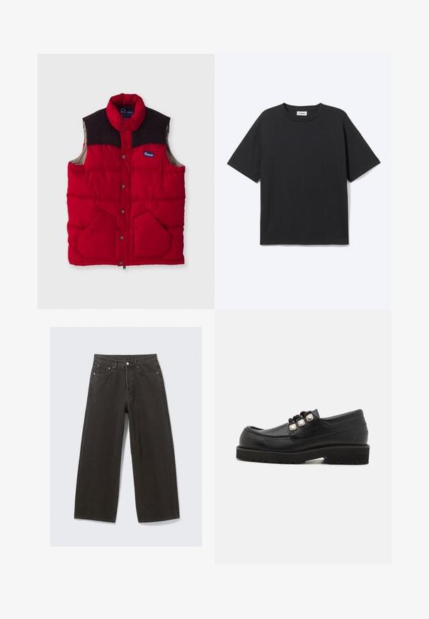 Rote gepolsterte Weste mit hohem Kragen, dunkelbraunen Schulterelementen, Druckknöpfen und zwei Fronttaschen, mit einem Nylon-Außenmaterial und weicher Innenseite.; Schwarzes T-Shirt mit kurzen Ärmeln und Rundhalsausschnitt in lockerer Passform, Vorderansicht, schlichtes Design und sichtbares Weekday-Label im Krageninneren.; Hochwaisted, weit geschnittene schwarze Denim-Jeans verfügen über ein Fünf-Taschen-Design und einen Knopfverschluss. Der Stoff hat eine weiche, strukturierte Oberfläche.; Schwarze Lederloafers mit rundem Zehenbereich, ausgestattet mit drei metallischen Akzenten und einer strukturierten Sohle für besseren Halt. Glattes Obermaterial und gestickte Details.
