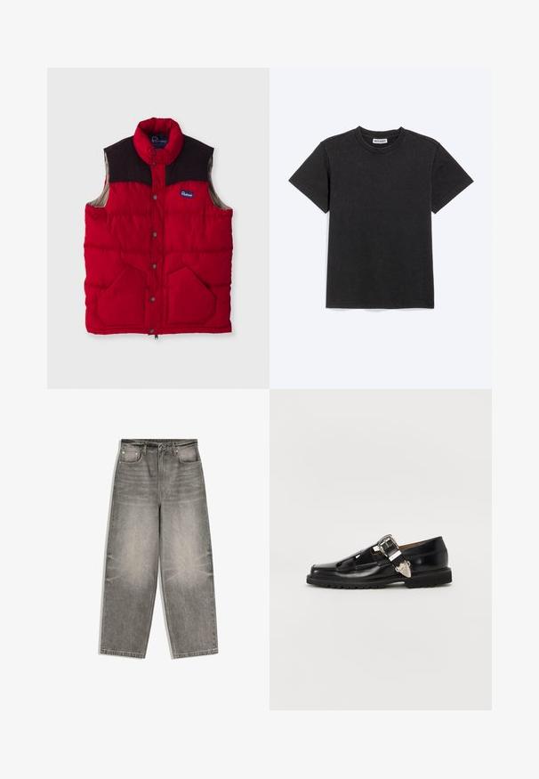 Rote gepolsterte Weste mit hohem Kragen, dunkelbraunen Schulterelementen, Druckknöpfen und zwei Fronttaschen, mit einem Nylon-Außenmaterial und weicher Innenseite.; Schlichtes schwarzes Baumwoll-T-Shirt mit kurzen Ärmeln, rundem Ausschnitt und kleinem Weekday-Label innen am Kragen.; Grau melierte Jeans mit weitem Bein, Frontknopf, Reißverschluss, Gürtelschlaufen und Fünf-Taschen-Design, flach auf weißem Hintergrund ausgelegt.; Schwarzer Leder-Schuh mit Ausschnitt-Design, silberner Schnallen-Details und strukturiertem Profil. Merkmale einer abgerundeten Spitze und robuster Verarbeitung.