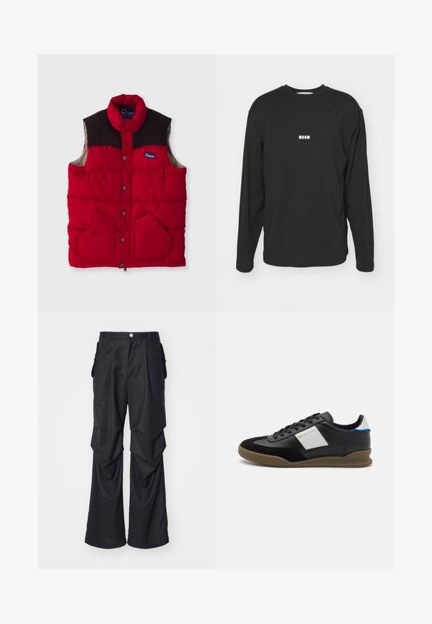 Rød polstret vest med høj krave, mørkebrune skulderpaneler, trykknapper og to forlommer, med en nylonoverflade og blødt foer.; Sort langærmet T-shirt lavet af bomuld, med et lille hvidt "MSGM" logo på brystet, rund hals og afslappet pasform.; Sorte nålestribede bukser med bred bendesign, der har folder, sidelommer og en frontlukning med knap. Glat tekstur.; Sorte læder- og ruskinds sneakers med en grå panel, brun gummisål og blå detaljer på hælen. Har snørebånd og præget logo.