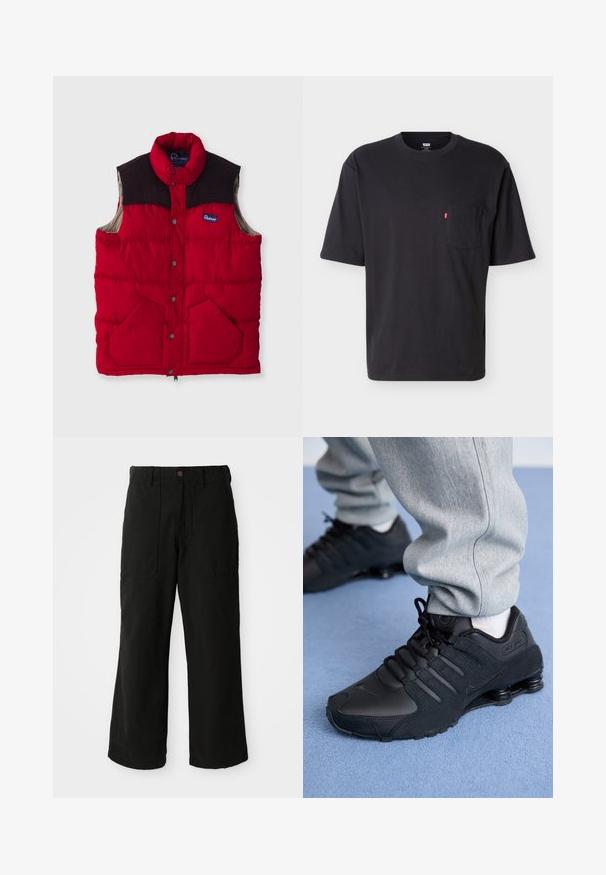 Rote gepolsterte Weste mit hohem Kragen, dunkelbraunen Schulterelementen, Druckknöpfen und zwei Fronttaschen, mit einem Nylon-Außenmaterial und weicher Innenseite.; Schwarzes T-Shirt mit kurzem Arm, Rundhalsausschnitt und Brusttasche mit kleinem rotem Levi's-Logo-Tab an der Tasche vor einfachem hellem Hintergrund.; Schwarze weit geschnittene Hose aus weichem Stoff, mit Fronttaschen und einem Knopfverschluss an der Taille. Minimalistisches Design ohne sichtbare Muster.; Person in schwarzen Nike Shox Sneakers und grauen Jogginghosen, der auf einem hellblauen Teppich steht.