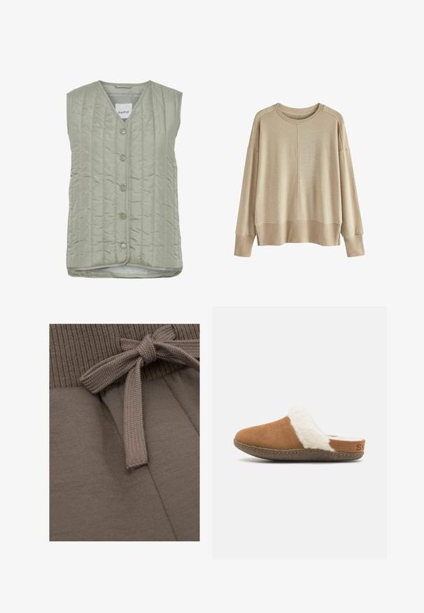 Steppweste ohne Ärmel in Hellgrün, mit V-Ausschnitt, sechs Knöpfen und einer glatten Textur mit subtilen Nähmustern.; Beige gestrickter Pullover mit lockerer Passform, gerippten Bündchen und Saum, Rundhalsausschnitt und überschnittenen Schultern. Weicher Stoff mit minimalen Nähten.; Baumwoll-Jogginghose in einem gedämpften Braunton, mit einem gerippten Bund und einer Stoffbindedetail an der Vorderseite, insgesamt mit glatter Textur.; Braune Wildleder-Slipper mit einem weißen, flauschigen Innenfutter und einer strukturierten Sohle. Verfügt über eine gestickte Kante und ein kleines Logo-Detail an der Ferse.